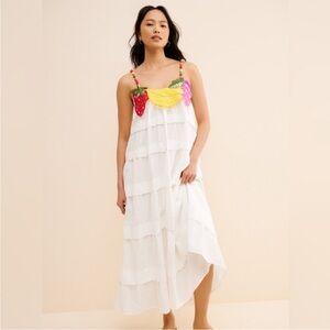 FARM Rio White Maxi Dress with Red, Yellow & Pink Fruit Appliqué
